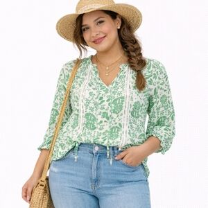 ZAC & RACHAEL Size Small Green & White‎ Floral Boho Peasant Blouse Semi Sheer